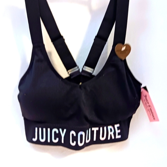JUICY COUTURE Sports Bra IRRIDESCENT Silver Glow Letters V-Back Straps BLACK M - Picture 1 of 17